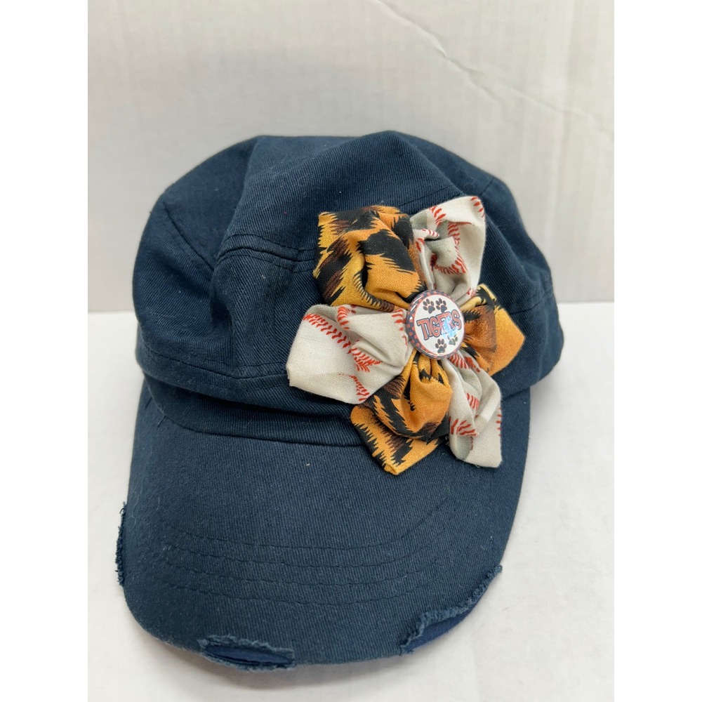 Unbranded Cadet Cap Women OS Navy Blue Distressed Tigers Flower Accent